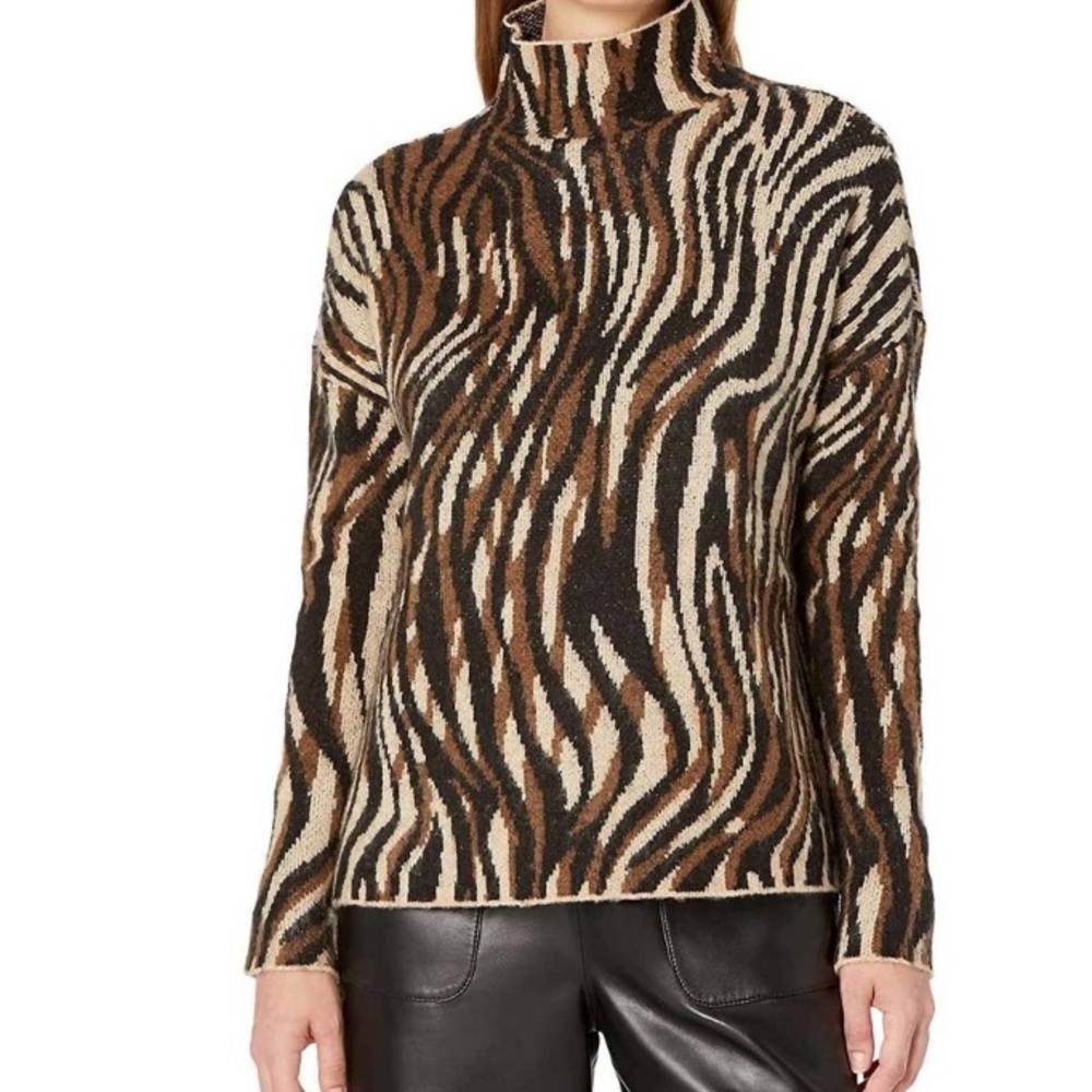 NEW ELLIOTT LAUREN fuzzy knit mock neck animal sweater in black/beige multi